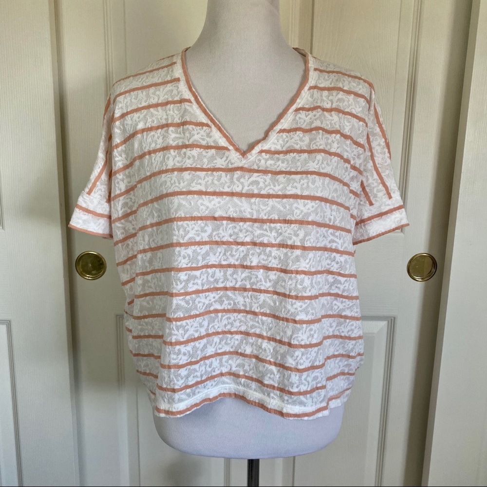 Forever 21 White Rust Striped Sheer Lace Vneck Top Boxy Fit Womens Sz Small